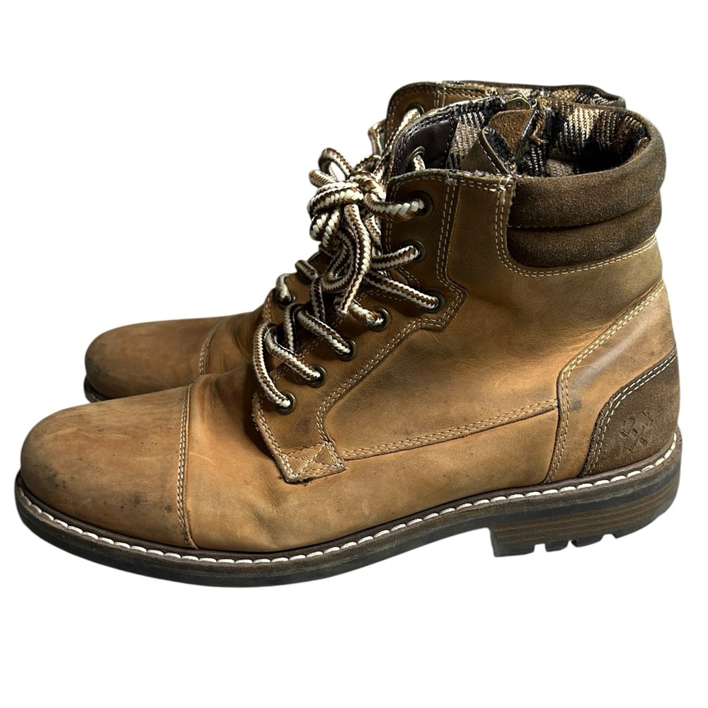 Outpost Makers Men’s Tan Leather Combat Boots Size‎ 10 Plaid Lining Lace-Up